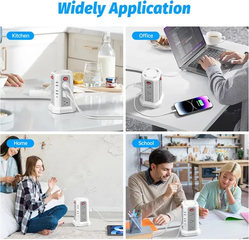 Vista 8 de Regleta de alimentación de torre con PD20W USB C, estación de carga de cable de extensión de escritorio de 6 pies con 12 tomas de corriente alterna
