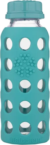 Vista 6 de Lifefactory Botella de agua de vidrio sin BPA de 9 onzas con tapa plana y funda de silicona, uva