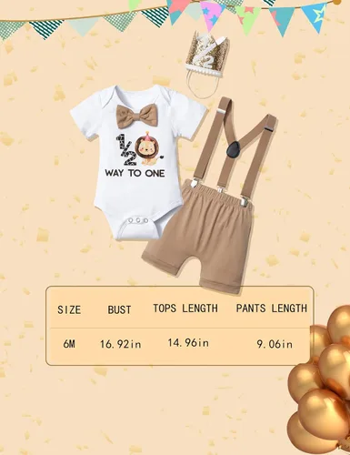 Vista 7 de DONWEN Conjunto de ropa de medio cumpleaños para bebé niño 12 Way to One con corbatín y tirantes cortos