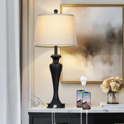Vista 11 de Lámpara de mesa marrón oscuro de 30 pulgadas, lámpara de noche individual con control táctil de 3 vías con puertos USB A+C y salida de CA, lámparas