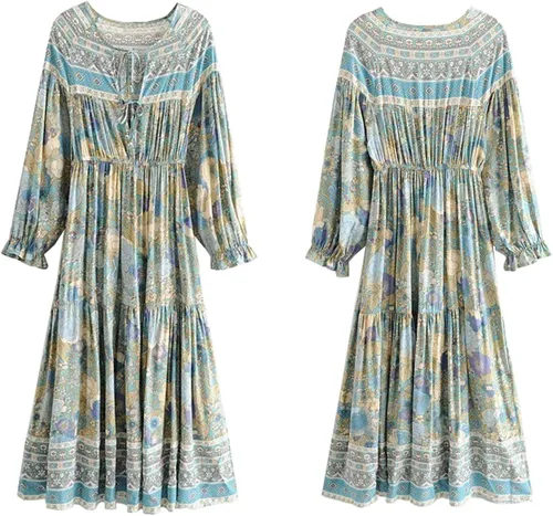 Vista 2 de R.Vivimos Vestido Midi de Algodón de Manga Larga Volantes, Cuello en V Frontal Encaje Floral Estampado