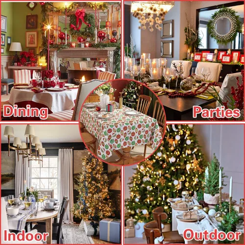 Vista 7 de Mantel de Navidad de vinilo con reverso de franela, rectangular, 52 x 70 pulgadas, patrón de bolas de Navidad, 100% impermeable, mantel de plástico