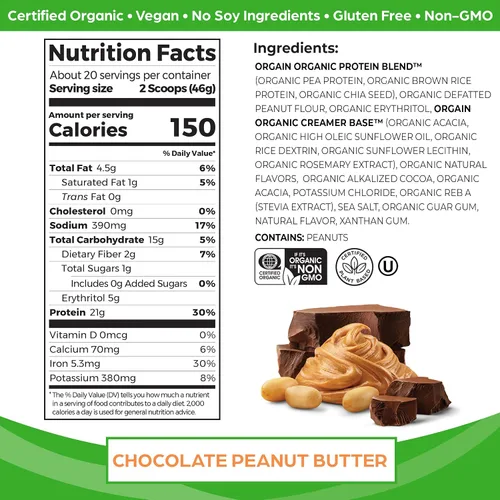 Vista 3 de Orgain Proteína vegana orgánica en polvo, mantequilla de maní de chocolate (0.81 onzas de proteína) y vainilla (0.81 onzas de proteína), a base
