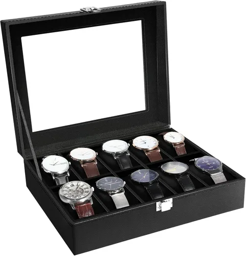 Vista 26 de Uten 12-Slot Watch Box, 2-Layers PU Leather Watch Case with Lock Negro