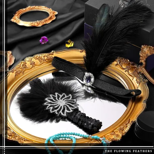Vista 4 de Ceenna 24 piezas de 1920 diadema de plumas negras para mujer, accesorio de disfraz de pelo de los años 20
