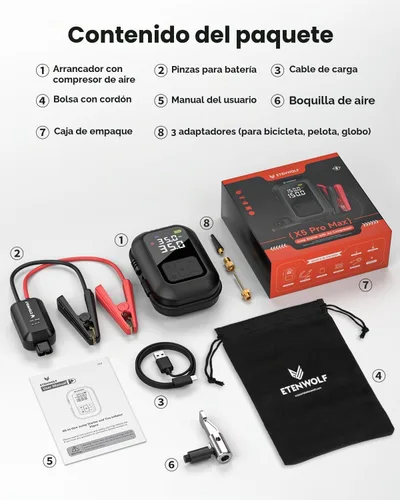 Vista 8 de ETENWOLF Arrancador de batería de coche 2000A con compresor de aire 160PSI Negro