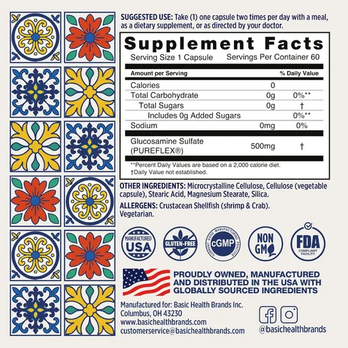 Vista 5 de Basic Brands Pura Salud Pureflex Sulfato de glucosamina 500 mg, 60 unidades (paquete de 1) Mobility & Joint Support