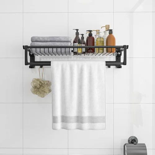 Vista 4 de Tangkula Estante de baño plegable, estante de baño montado en la pared con barra ajustable y ganchos móviles, organizador de aluminio a prueba