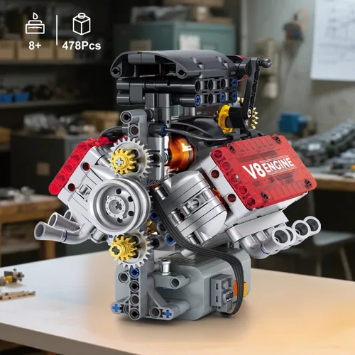 Vista 9 de Juego de construcción de motor V8, kit de modelo de motor V8 que funciona, construye tu propio kit de motor STEM Mini V8 con batería y motor, motor