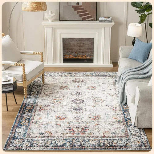 Vista 402 de Istana Alfombra larga antideslizante de 2.5 x 8 para el hogar, para pasillo y cocina, lavable, sedosa y suave al tacto, elegante, color azul y marfil