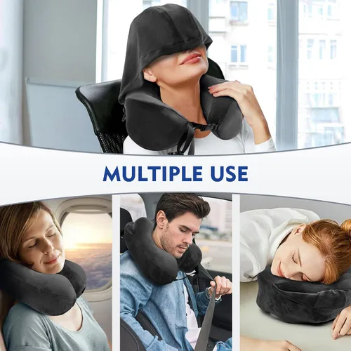 Vista 6 de Almohada para el cuello con capucha, almohada de espuma viscoelástica para el cuello para la cabeza, soporte para la barbilla, avión, automóvil