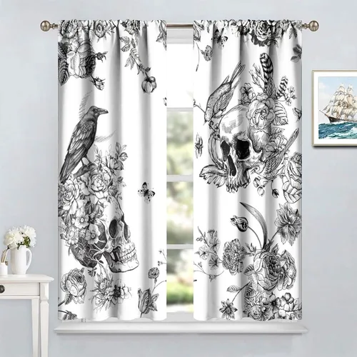 Vista 9 de Cortinas góticas de bosque de cuervos, para Halloween, espeluznante, negro, cuervo negro, alas oscuras, suspenso, bolsillo para barra, cortinas