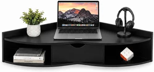 Vista 4 de Basicwise - Mesa plegable de pared con cajón, ahorro de espacio flotante Blanco