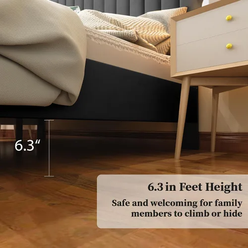 Vista 6 de Base de cama de plataforma de terciopelo de tamaño matrimonial con cabecera tapizada, listones de madera resistentes, no requiere resortes, fácil