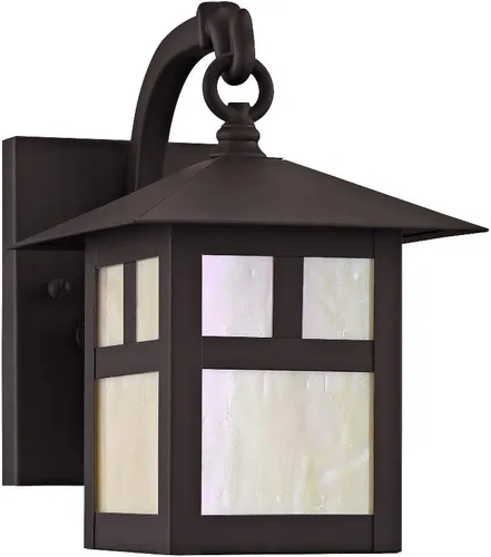 Vista 2 de Livex Lighting 2130-07 Montclair Mission - Farol de pared de latón macizo con acabado de bronce para exteriores, con vidrio Tiffany iridiscente, 16