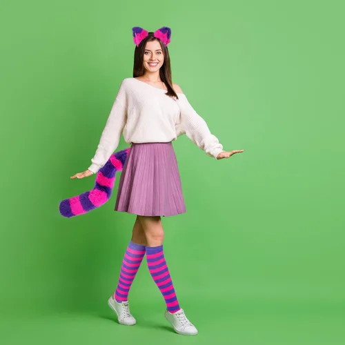 Vista 8 de El disfraz de gato a rayas rosa y morado incluye orejas de gato, calcetines a rayas para disfraz de Halloween
