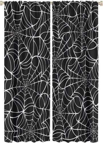 Vista 76 de Cortinas opacas de tela de araña aterradora para niños, tela de araña en blanco y negro, fondo rojo, dormitorio de niños, guardería, decoración