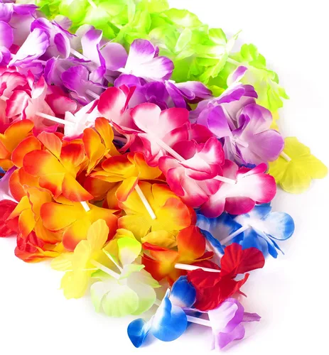Vista 3 de HongyiTime 56 unidades de Leis hawaianos, suministros para fiestas Luau de collares, diademas y pulseras de flores elásticas, decoraciones hawaianas