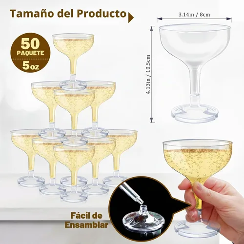 Vista 2 de 50 Copas de Champán de Plástico para Fiestas, Copas de Champán Desechables de 5 onzas, Vasos de Martini Acrílicos Irrompibles (Transparente)