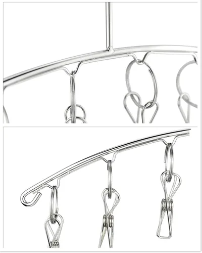Vista 3 de Percha de secado de ropa de acero inoxidable fuerte con 10 pinzas para la ropa, ahorro de espacio para interiores, organizador de ropa, manoplas 10