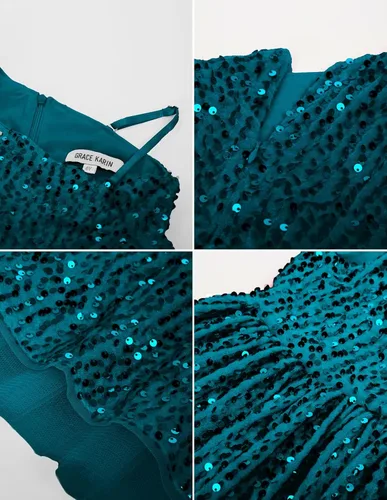 Vista 5 de GRACE KARIN Vestido de lentejuelas para niñas, vestido de fiesta brillante de un hombro con lazo para el cabello