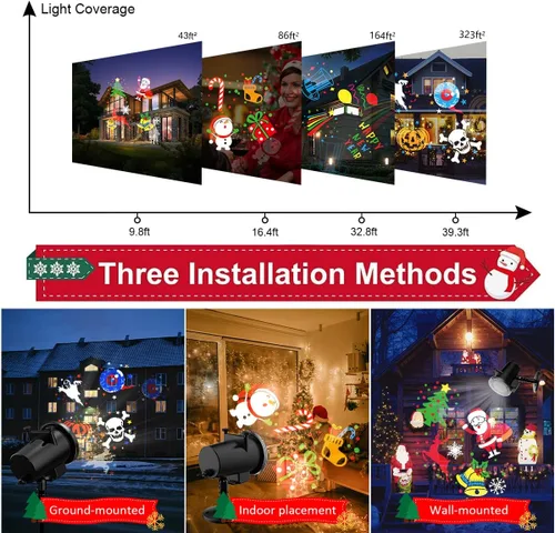 Vista 4 de Proyector de luces navideñas de Navidad, impermeable, IP65, control remoto de movimiento para interiores y exteriores, proyector LED de 10 W, 16