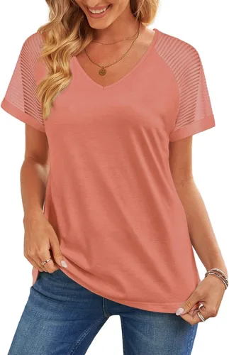 Vista 3 de WEESO - Camisetas informales con cuello en V para mujer, diseño elegante de manga corta con malla