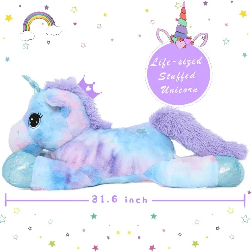 Vista 3 de Muiteiur Animal de peluche de unicornio de 31.6 pulgadas, unicornio de peluche grande para niñas, almohada de felpa suave, regalos para niñas y Azul