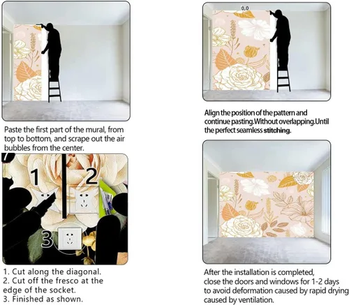 Vista 4 de Adorno floral para despegar y pegar, tapiz de papel dorado beige para decoración de pared de cocina, fondo de televisión, fácil de limpiar (ancho)