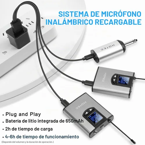 Vista 5 de Hotec Sistema inalámbrico con micrófonos de auriculares duales/micrófonos de solapa Lavalier y transmisores de bodypack y un mini receptor