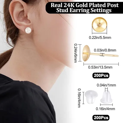 Vista 2 de Beebeecraft 1 caja de 200 piezas de aretes de perlas chapados en oro de 24 quilates para cuentas medio perforadas con 200 tuercas de plástico