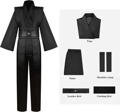 Vista 4 de Disfraz de túnica de caballero con capucha para hombre, uniforme de cosplay, conjunto completo de disfraz de Halloween Negro