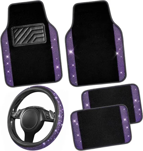 Vista 10 de CAR PASS - Funda de volante de cuero con diamantes brillantes, tapetes de piso de 36.8 cm a 38.1 cm con diamantes de imitación brillantes, alfombra
