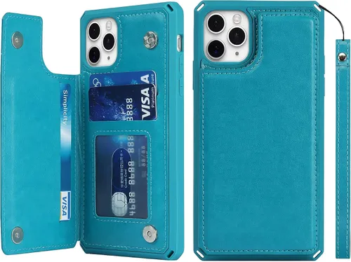 Vista 13 de iCoverCase Funda compatible con iPhone 11 Pro Max con tarjetero para mujer, bloqueo RFID en relieve, piel sintética con correa de muñeca para 11pro