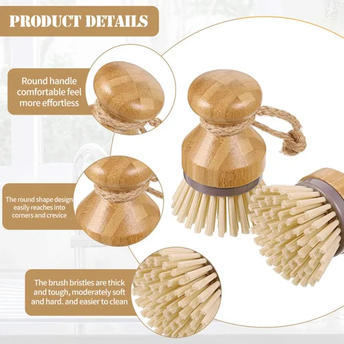 Vista 3 de 4 cepillos de bambú para fregar platos con soportes, de madera, de bambú, redondos, cerdas rígidas, cepillos para lavar platos, ollas, sartenes