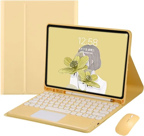 Vista 7 de Funda de teclado con panel táctil para iPad 6 iPad 5 Air 2 Pro de 9.7 pulgadas con teclado táctil retro de teclas redondas con ratón, teclado