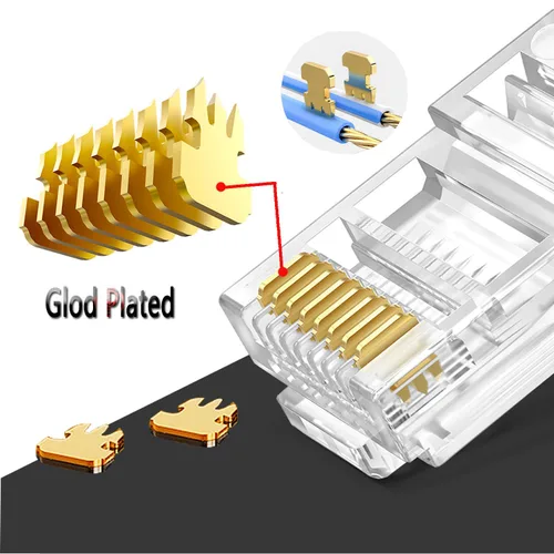 Vista 4 de Conectores RJ45 Cat6 Cat5 extremos chapados en oro 8P8C Ethernet Pass Through Plug (100 unidades)
