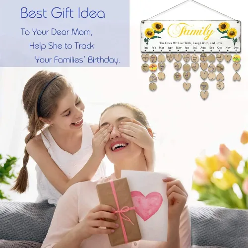 Vista 2 de Regalos de cumpleaños de Navidad para mamá de parte de hija e hijo, tablero de calendario de recordatorio de cumpleaños familiar de madera, placa