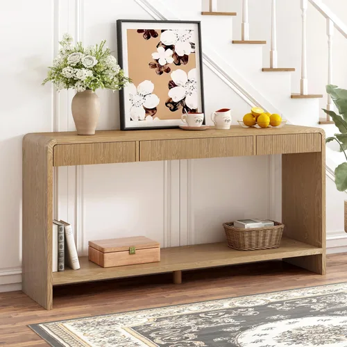 Vista 18 de Knocbel Mesa consola con 2 cajones ranurados, mesas de sofá modernas con curvas redondeadas únicas y superficie lisa para sala de estar, entrada, 55