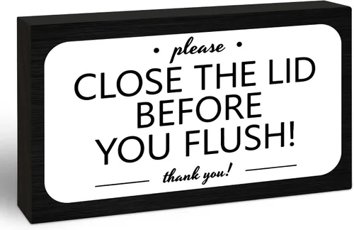 Vista 10 de 3x5 Bathroom Wooden Block Sign, Please Close Lid Before Flushing, Black