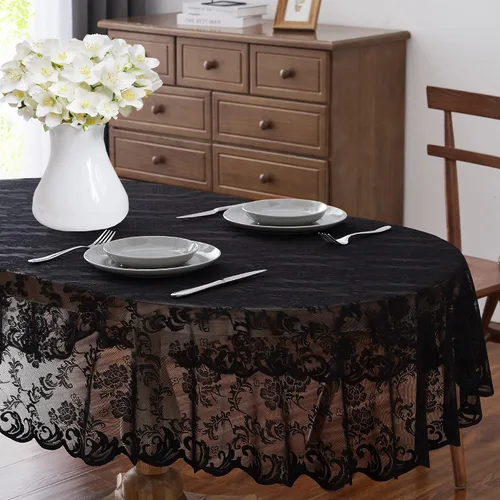 Vista 19 de ASATEX Camino de mesa de encaje de lino dorado de 14 x 36 pulgadas con 2 borlas. El patrón floral clásico y elegante es la opción ideal