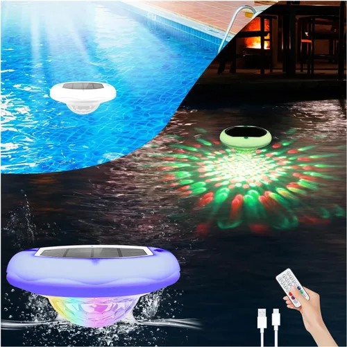 Vista 10 de Luces solares para piscina (1 unidad), 2600 mAh USB recargables luces flotantes flotantes de 6.7 pulgadas IP68 impermeable con control remoto, RGB
