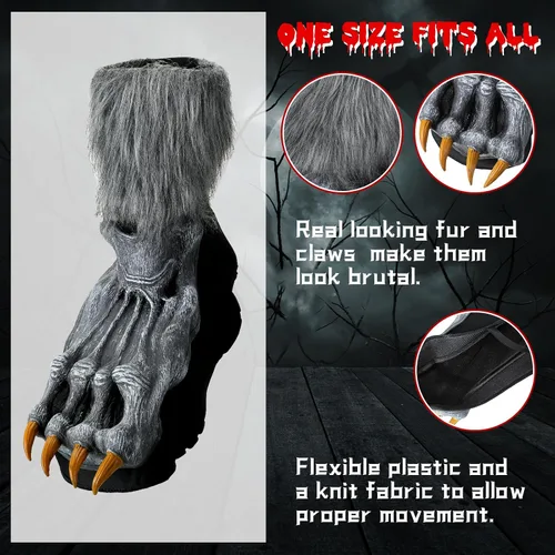 Vista 5 de ramede 3 piezas de disfraz de hombre lobo para Halloween, máscara de cabeza de lobo para adultos, guantes de garras, guantes de hombre lobo