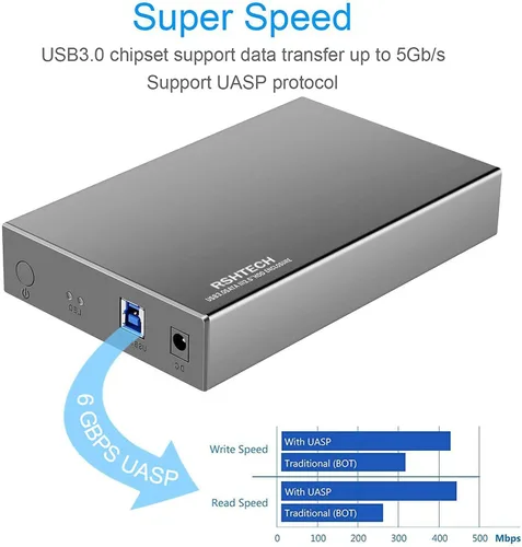 Vista 3 de RSHTECH Caja de disco duro SATA de aluminio de 3,5 pulgadas+caja de disco duro externo RSHTECH de 3,5 pulgadas USB 3.0 a SATA