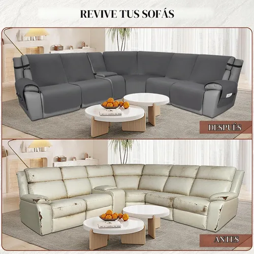 Vista 6 de Juego de fundas de terciopelo 100% impermeables para sofá seccional reclinable en forma de L, 8 piezas, fundas acolchadas para sofá reclinable Gris