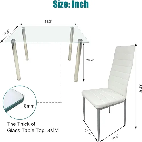 Vista 8 de Juego de mesa de comedor de 5 piezas, mesa superior rectangular de vidrio templado de 43 pulgadas, 4 sillas de cuero con respaldo alto, juego