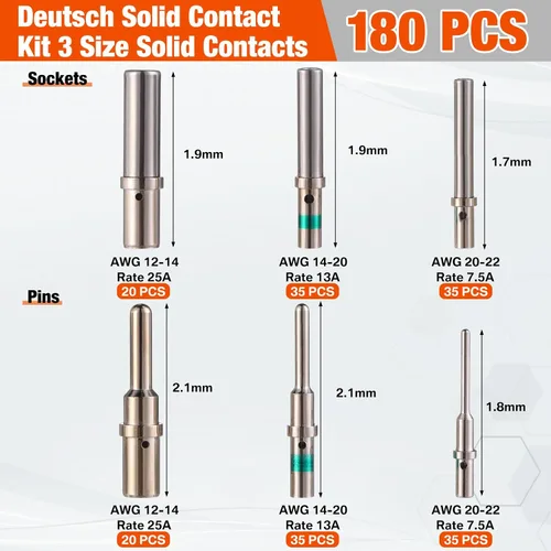 Vista 2 de 90 pares (180 piezas) Deutsch - Kit de pasadores de conector Deutsch, conector de enchufe 12, 16, 20, terminal con AWG 12-20 barril cerrado