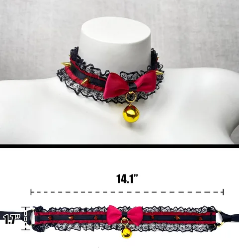 Vista 5 de EverGlimp Gargantilla gótica negra y roja para mujer, encaje vintage y tachuelas con lazo rojo, gatitonekololitabrujavampiro collar de gargantilla