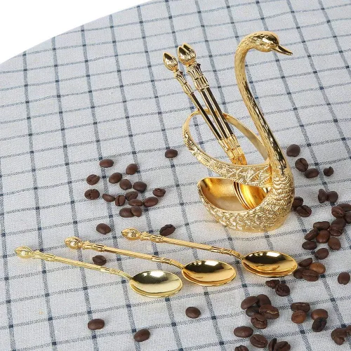 Vista 6 de Kit de cuchara de café con soporte en forma de cisne de aleación de zinc y 6 cucharas de café de acero inoxidable, juego de cucharas de comida