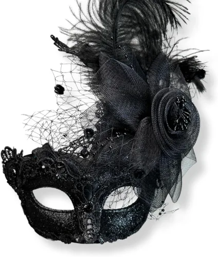 Vista 22 de Máscara de plumas burlesque, máscara de encaje de Mardi Gras para mujer, disfraz de plumas de pavo real, máscara de brocado veneciano